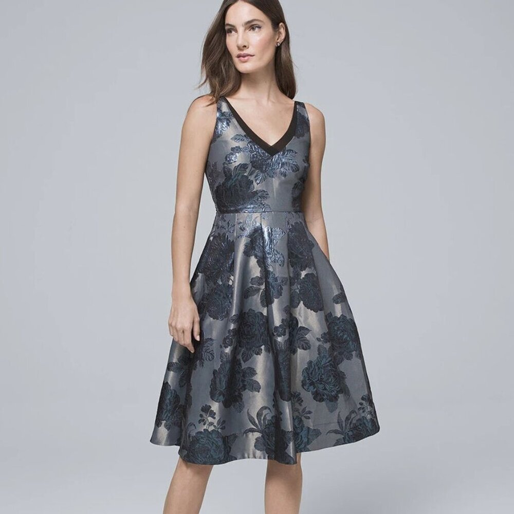 NWT White House Black Market Women's Gray Blue Floral Fit & Flare Dress